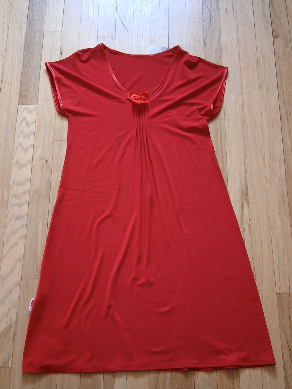 Red Short-Sleeve Midi Slip Dress with Front Knot